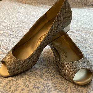 Size 10 silver peep toe wedges